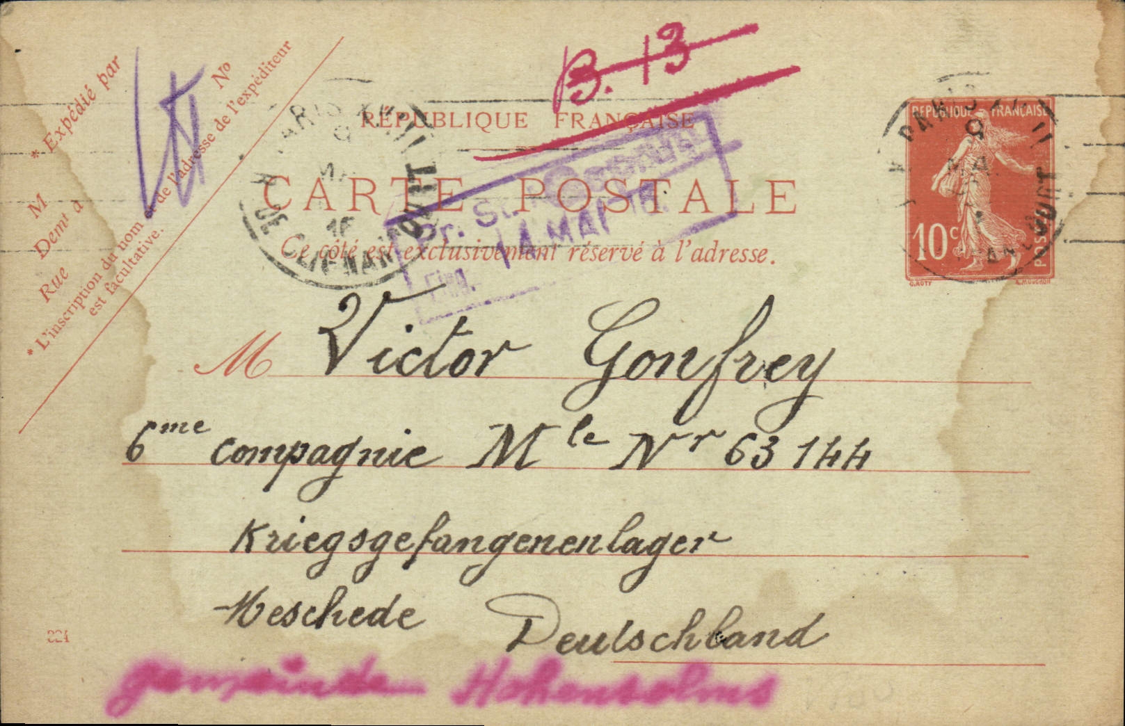 Carte Postale Semeuse 10c pour Victor Gonfrey Meschede