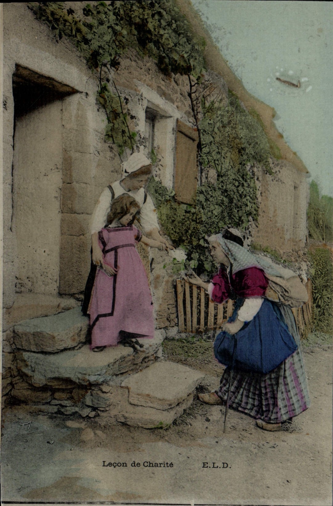 CPA Folklore Lecon de charite 