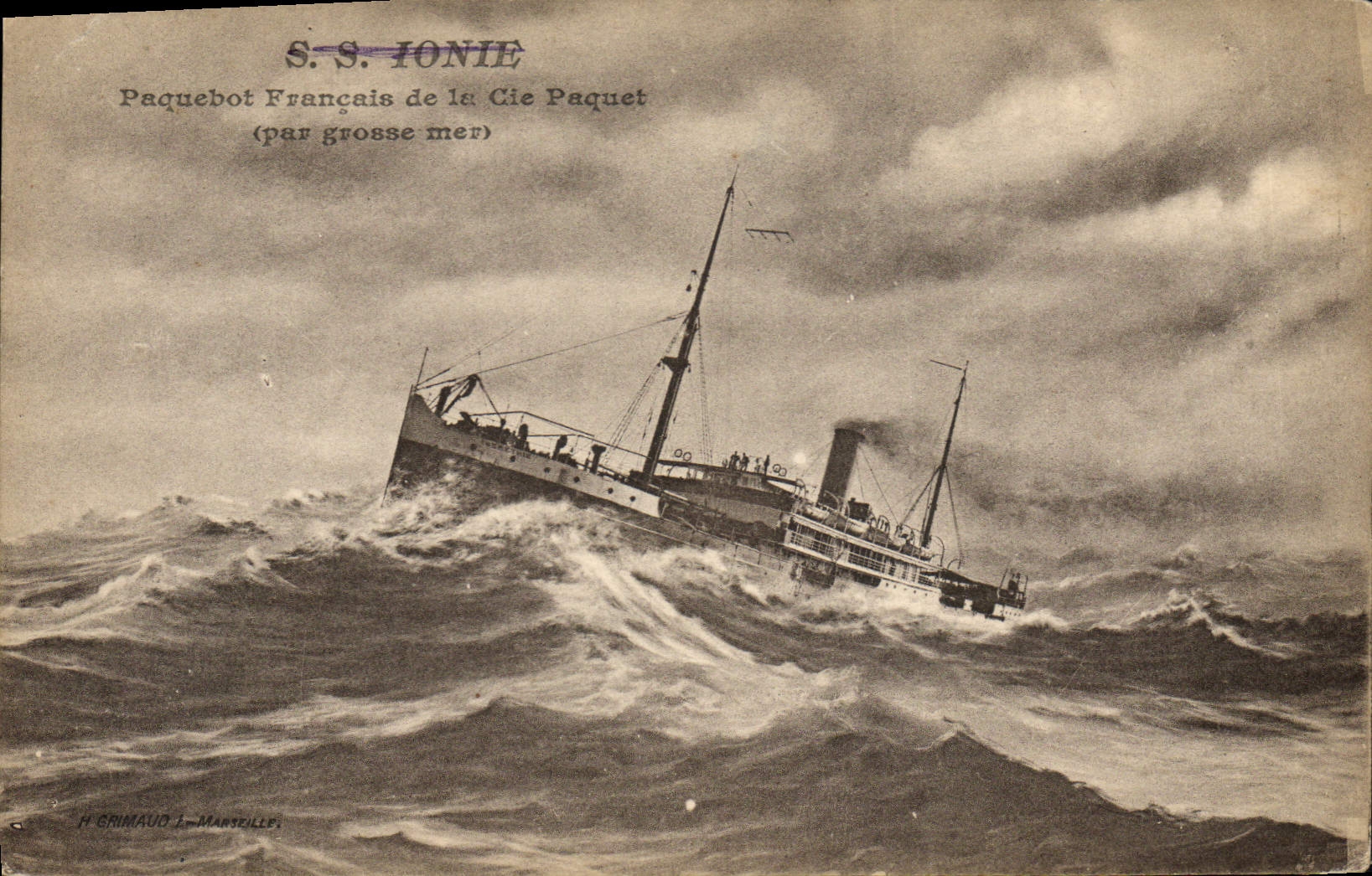 S.S. IONIE — Paquebot Français de la Cie Paquet (par grosse mer) — H. GRIMAUD, MARSEILLE
