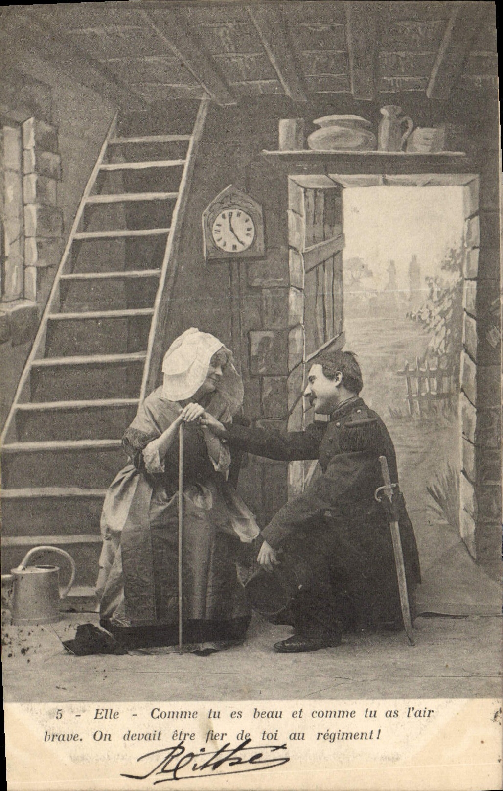 Soldat et femme dans une cabane — scène de tendresse — éditeur Rittner, n°5
