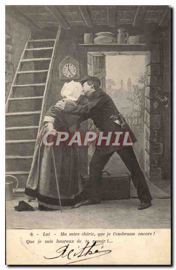 Soldat embrassant sa mère — scène intérieure — éditeur non visible