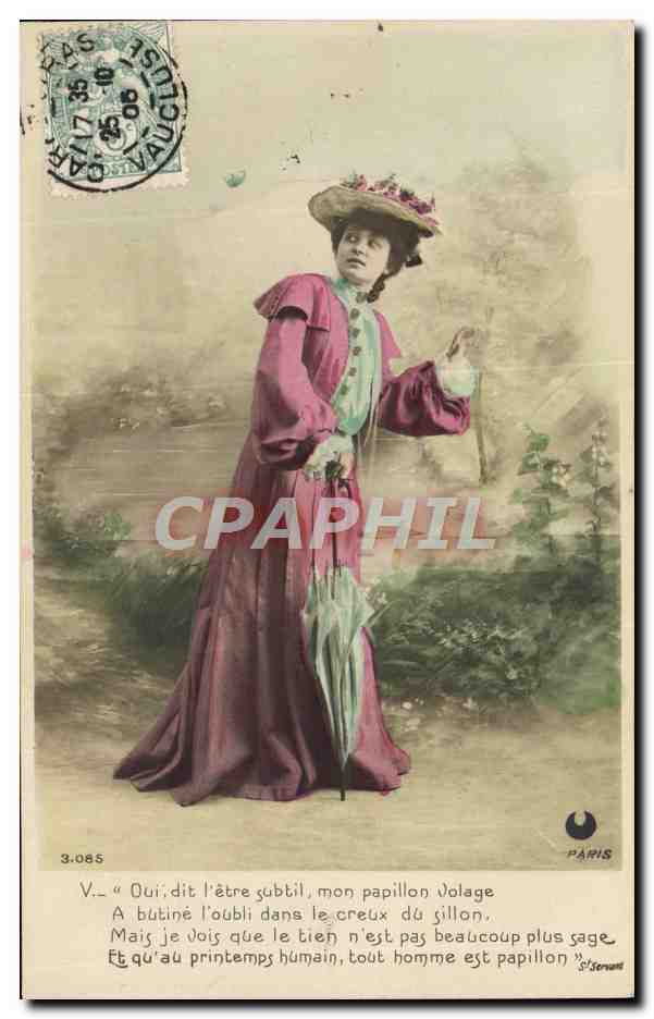 Mujer en vestido violeta y sombrero adornado con flores — poema sobre la primavera — editor S. Stern, París, n° 3.085