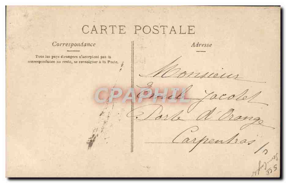 Mujer en vestido violeta y sombrero adornado con flores — poema sobre la primavera — editor S. Stern, París, n° 3.085 — Reverso
