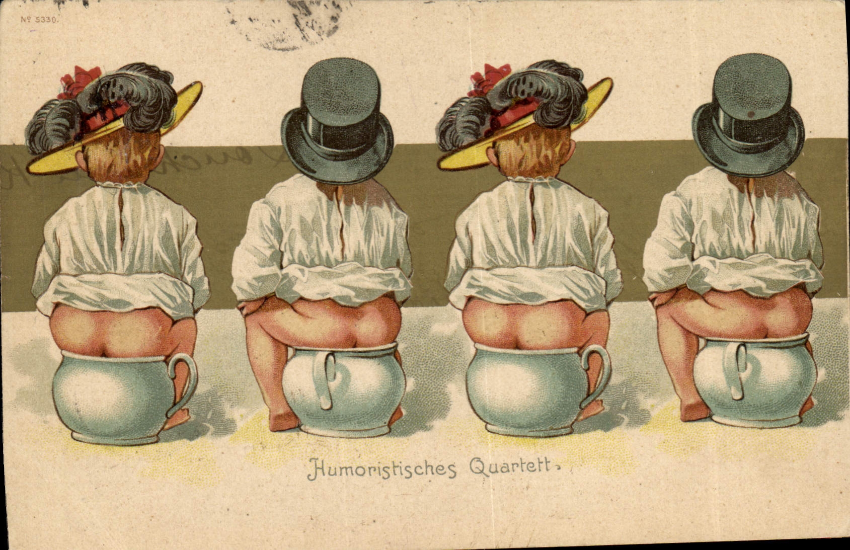 Quartet humoristique — quatre personnages assis sur des pots — éditeur anonyme, n° 5330