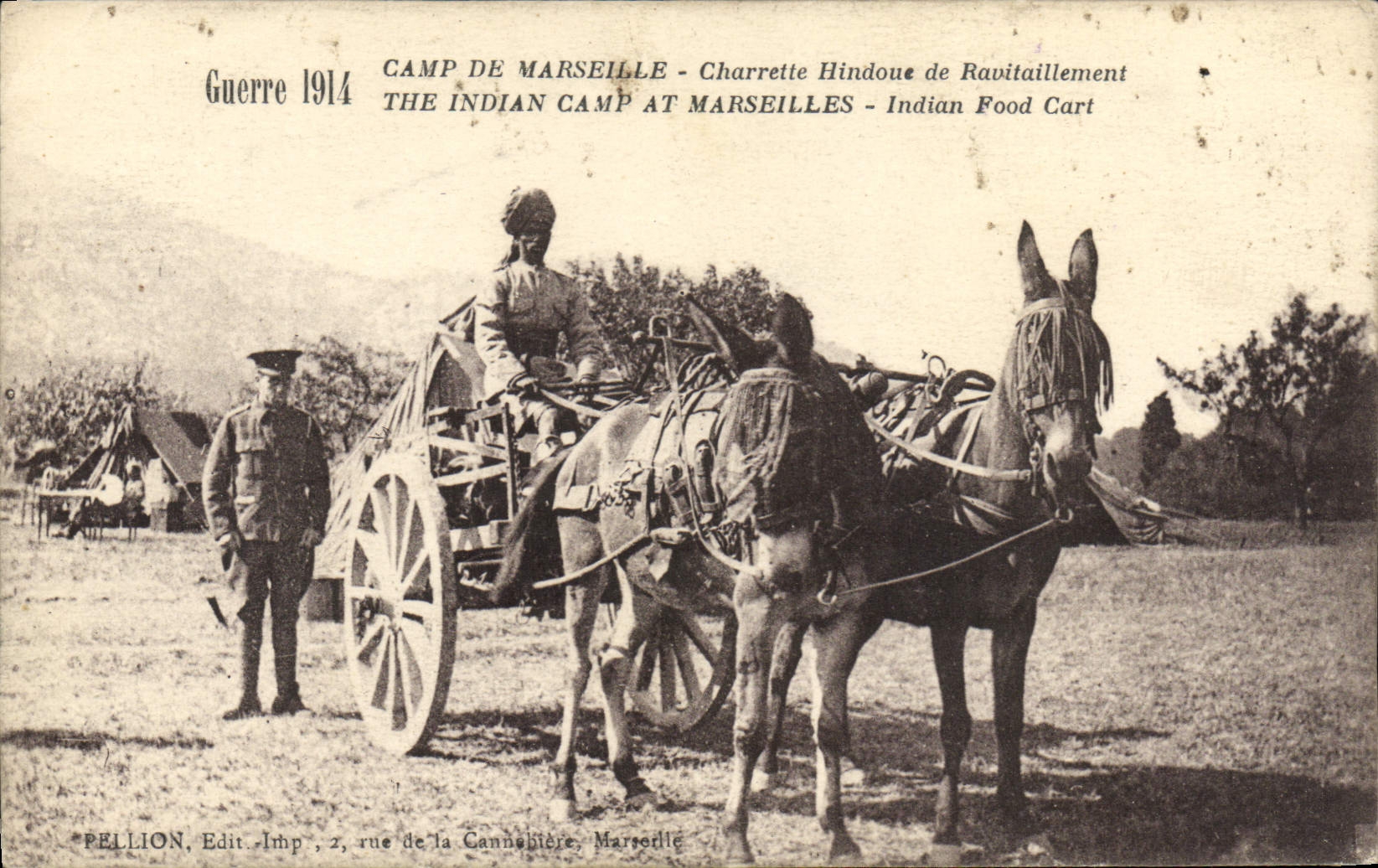 CPA Ane Mule Camp de Marseille Charrette hindoue de ravitaillement Militaria