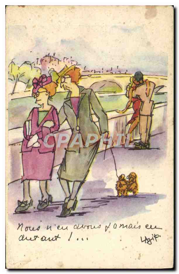 CPA Fantaisie Illustrateur Femmes Chien