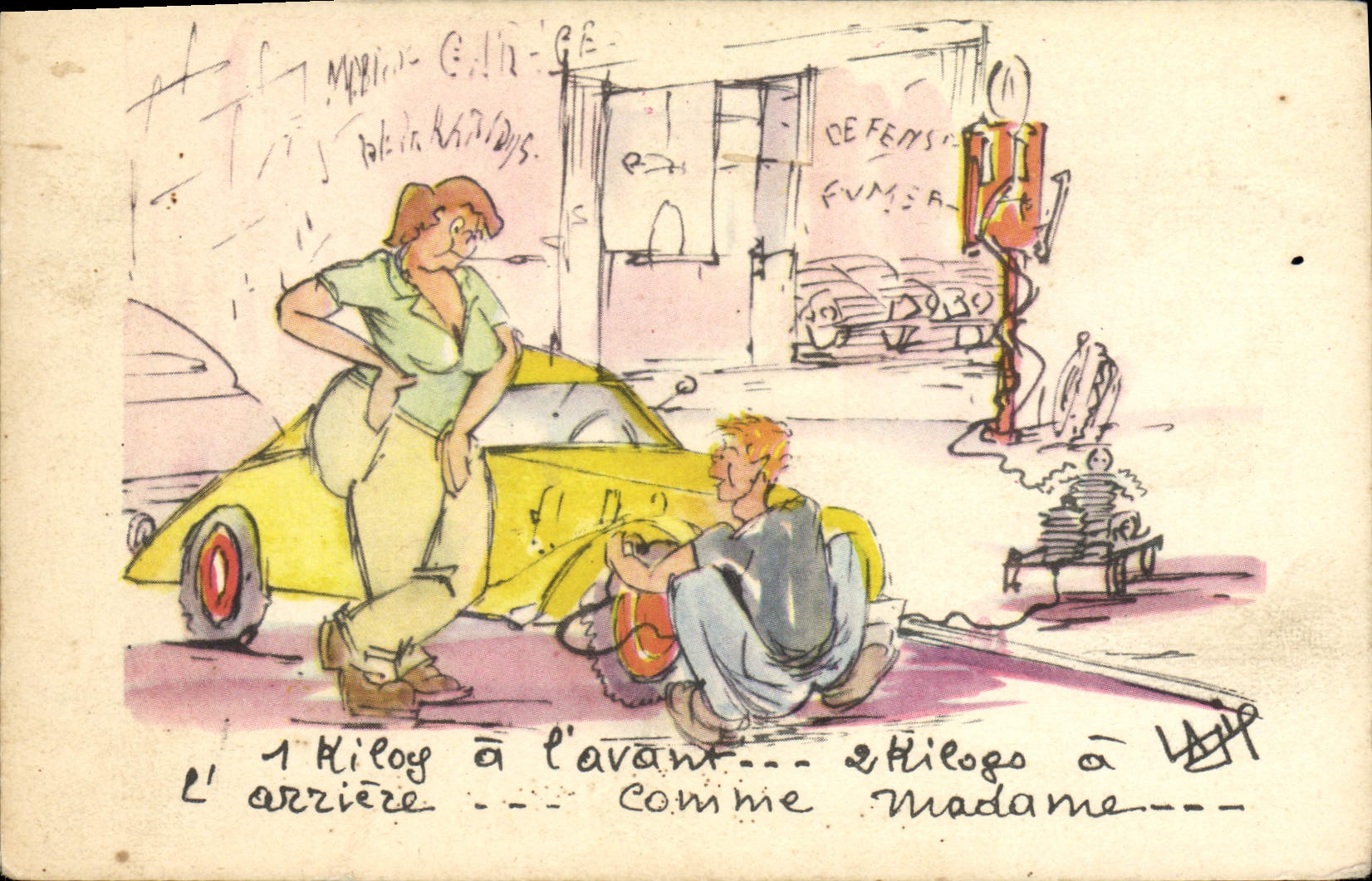 Carte postale humoristique — mécanicien et femme près d'une voiture jaune — éditeur R. Hamel, n° 134