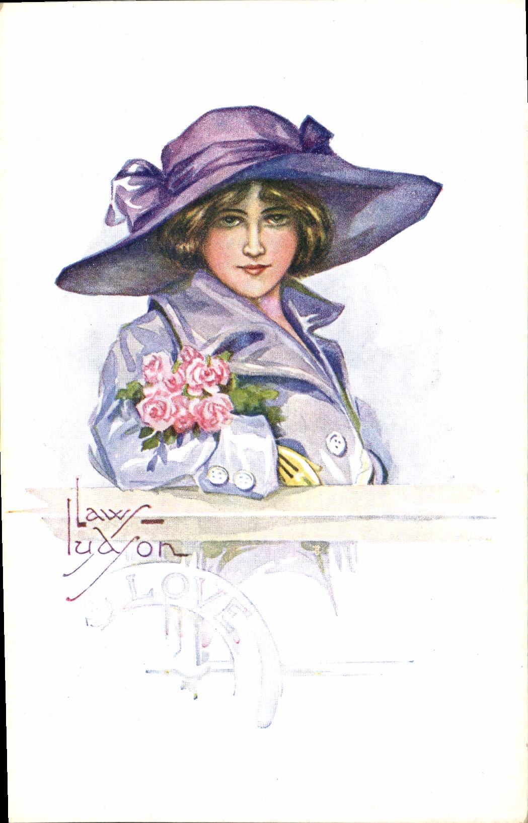 Junge Frau in einem violetten Hut — Rosen — Verlag Law-Ludson