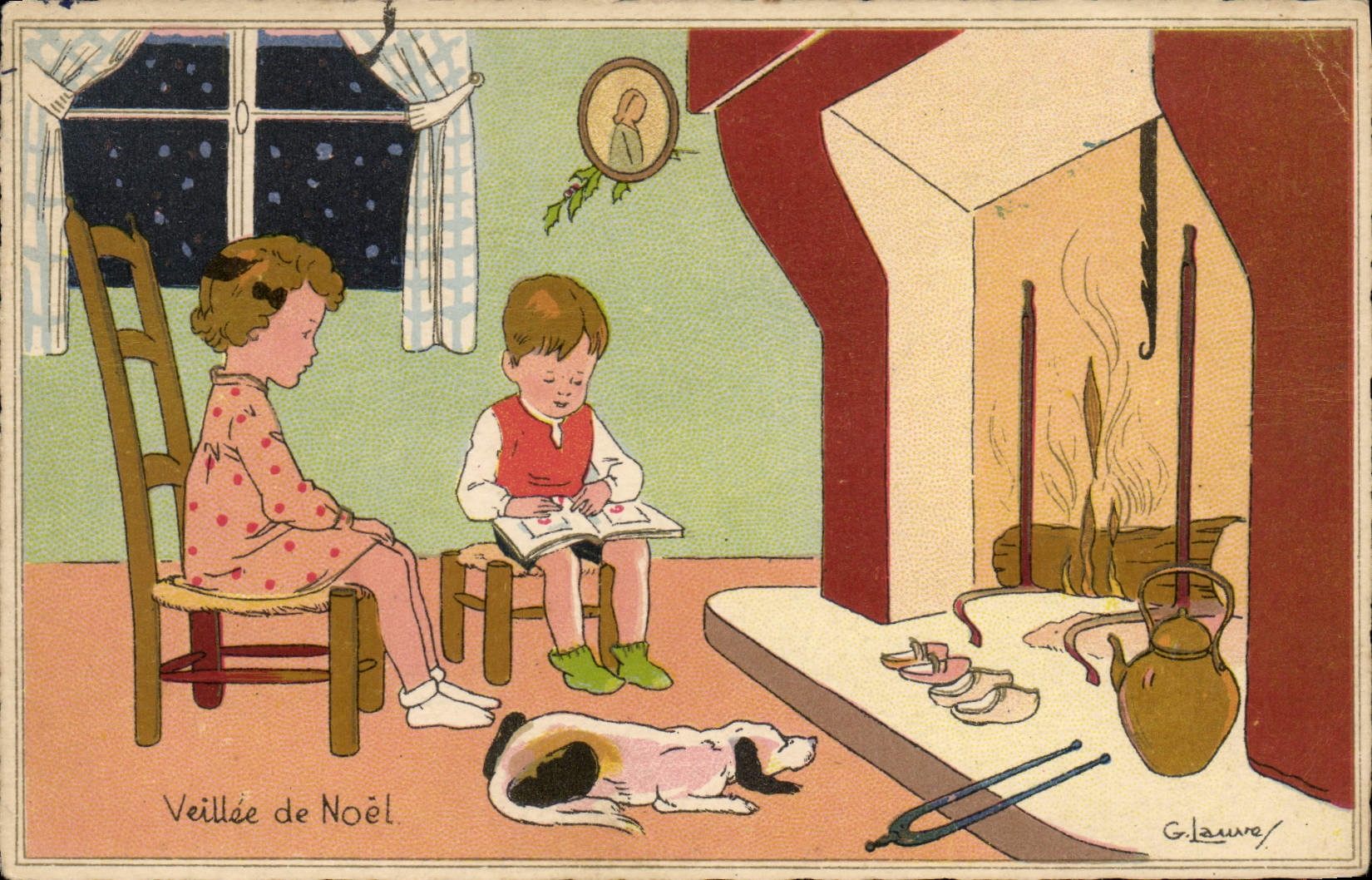 CPA Fantaisie Illustrateur Enfants Veillee de Noel Chien 