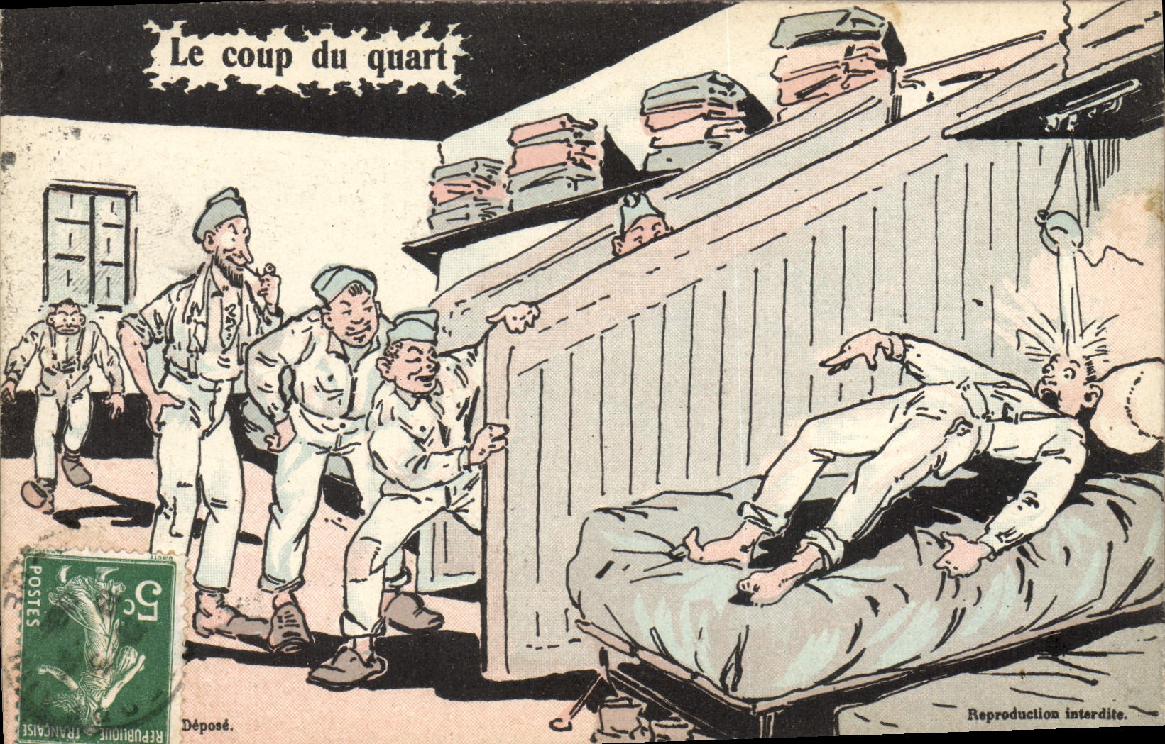 Soldats en chambrée — Le coup du quart — Éditeur inconnu, n° de série non visible