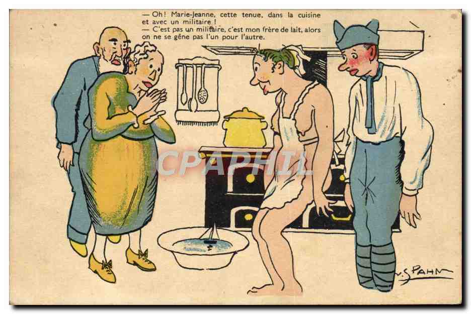 Scène humoristique en cuisine — dessin de S. Pahm — Série M-417 - Recto