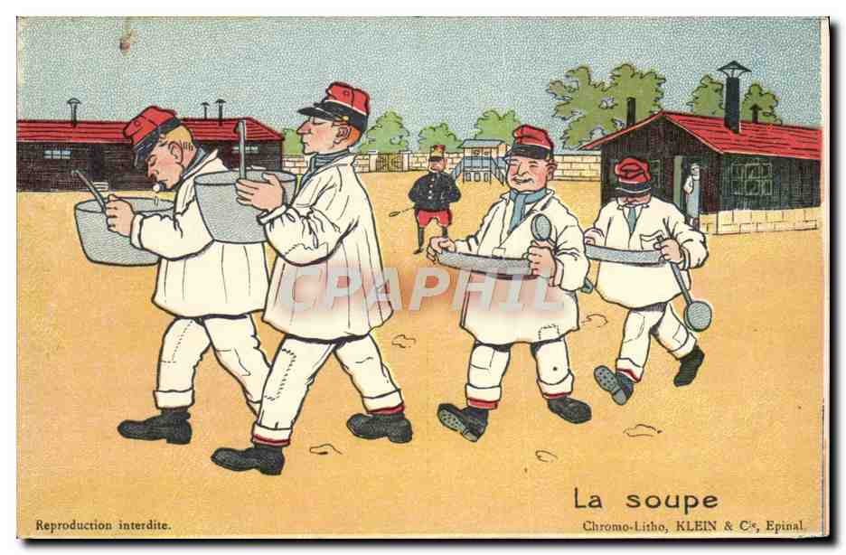 Soldats en uniforme blanc portant des seaux — La soupe — Chromo-Litho, KLEIN & Cie, Epinal