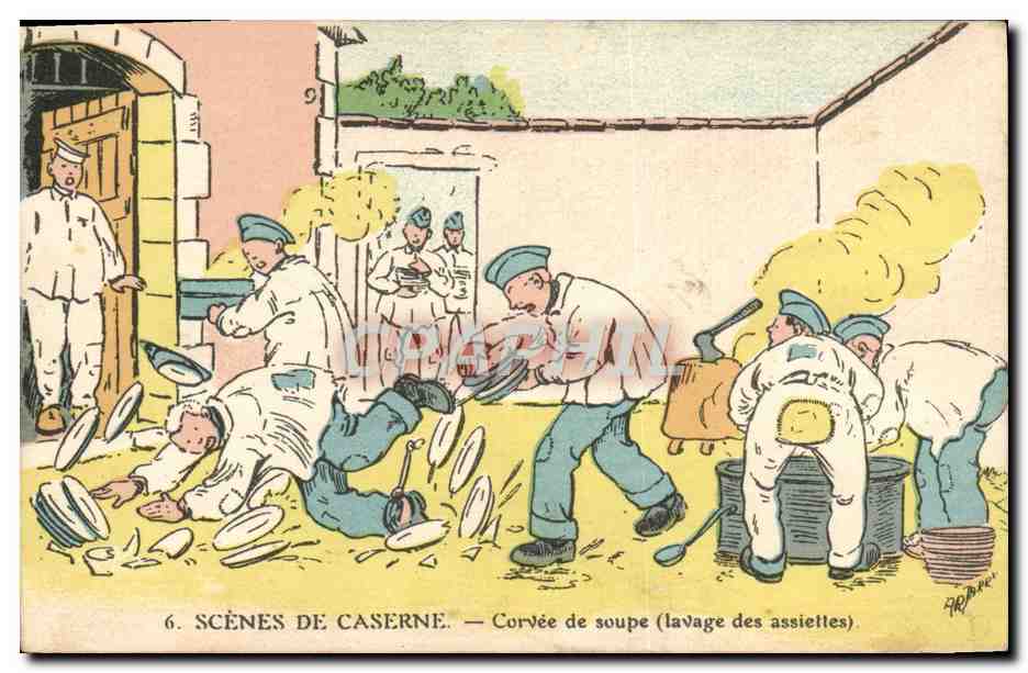 Scènes de caserne — Corvée de soupe (lavage des assiettes) — R. BARRÉ, n°6
