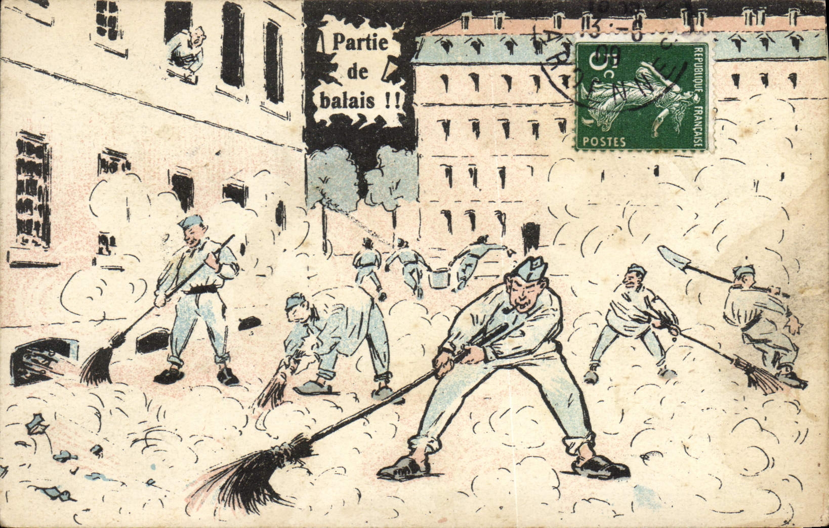 Partie de balais ! — scène de nettoyage urbain — éditeur E.R. PARIS