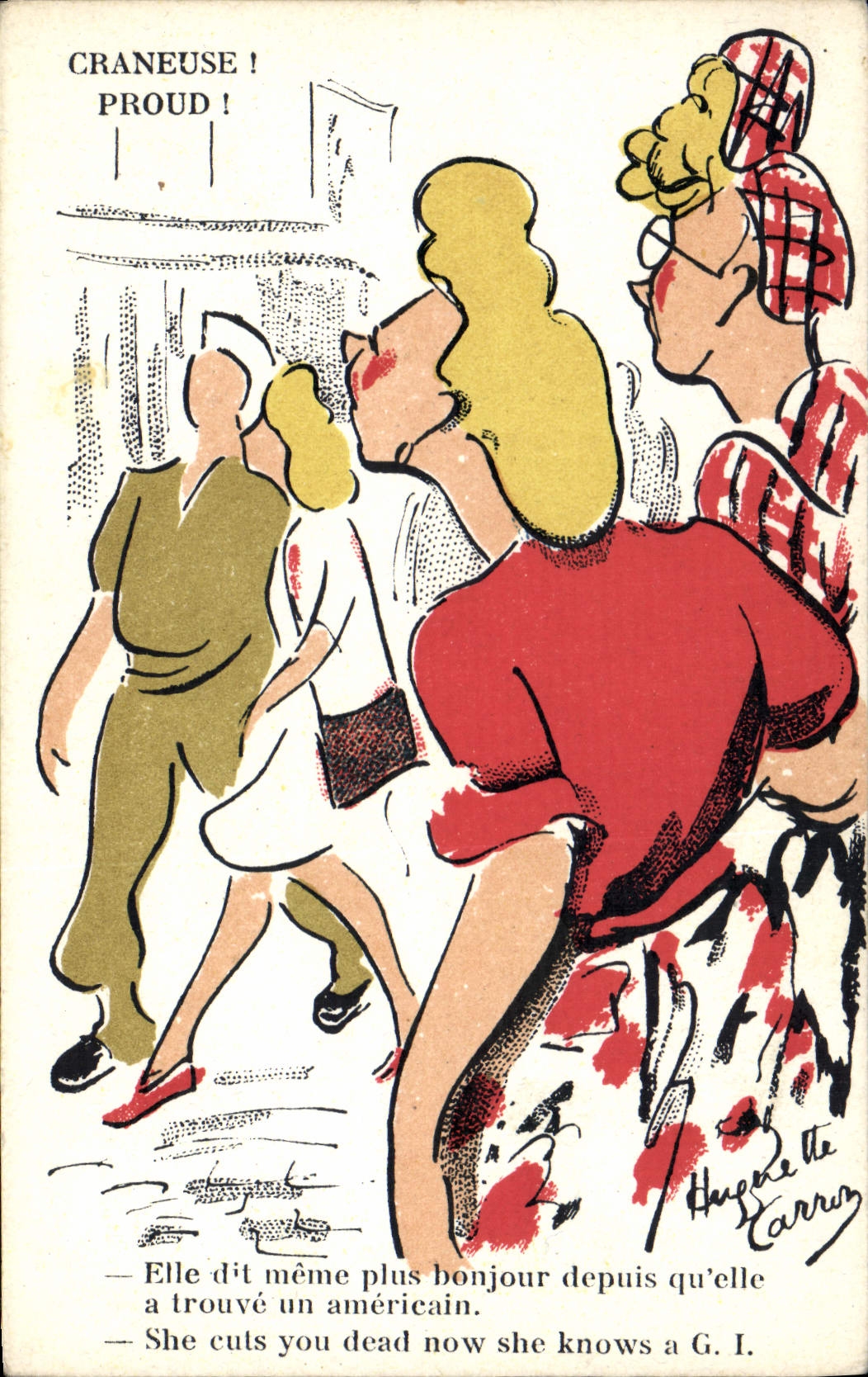 Sujet humoristique — caricature de femmes et soldats — Huguesette Carray - Anverso