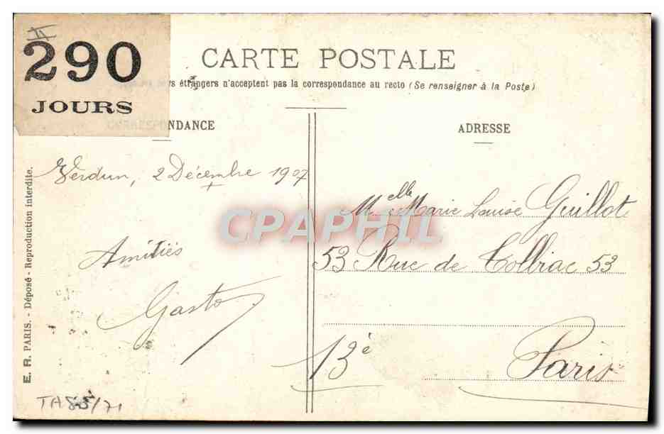 Salle de repos militaire — Aux Polochons !! — E.R. Paris, n°290 — Verso