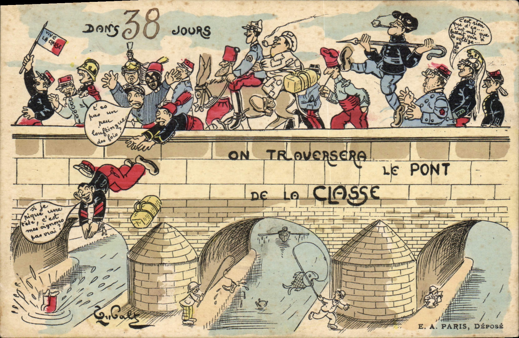 Carte postale satirique — On traversera le pont de la classe — E. A. Paris, Déposé