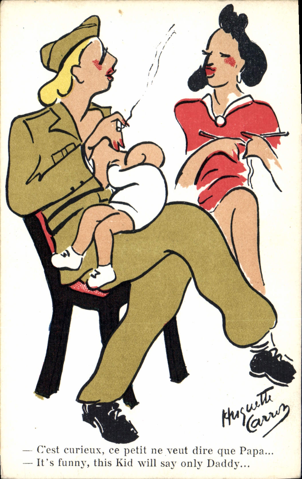 Soldat et femme avec enfant — caricature humoristique — signée Huguette Carrus