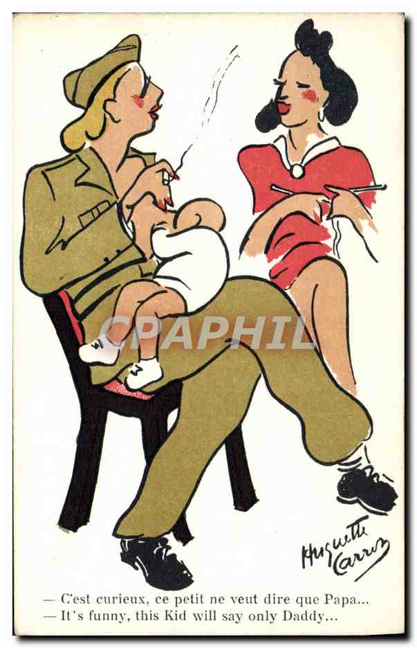 Sujet humoristique — soldat et femme avec bébé — dessin de Huguette Carrus