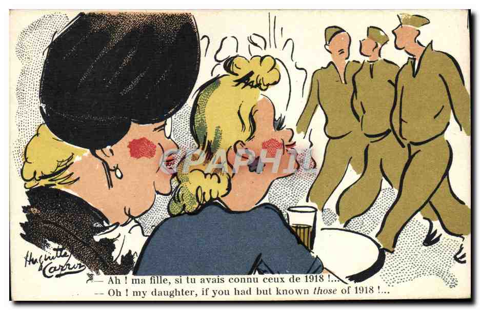 Mère et fille devant des soldats — 1918 — Hugnette Carrus