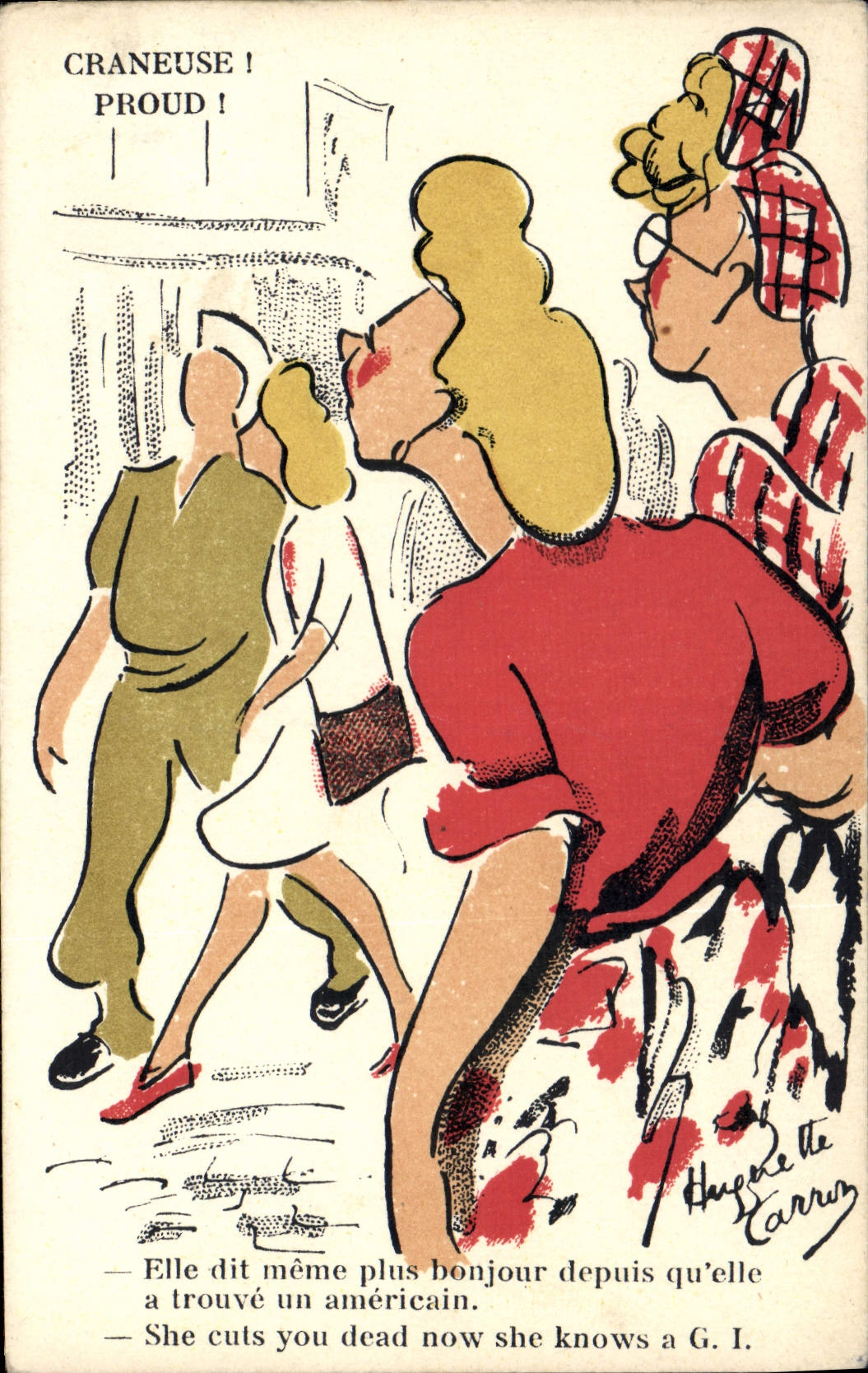 Sujet humoristique — femmes observant un G.I. — Huguette Carron