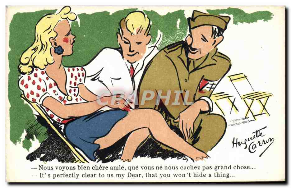 Deux hommes et une femme en scène humoristique — Huguette Carron — série 44-102