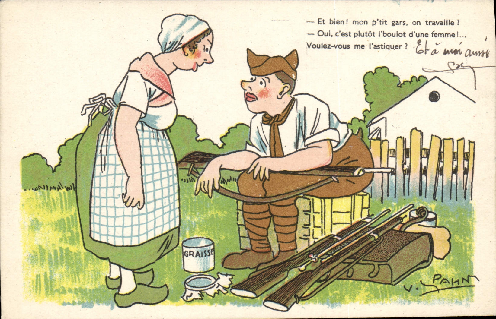 Scène de campagne — caricature d'un homme et d'une femme avec des fusils — éditeur P-C, série M-110