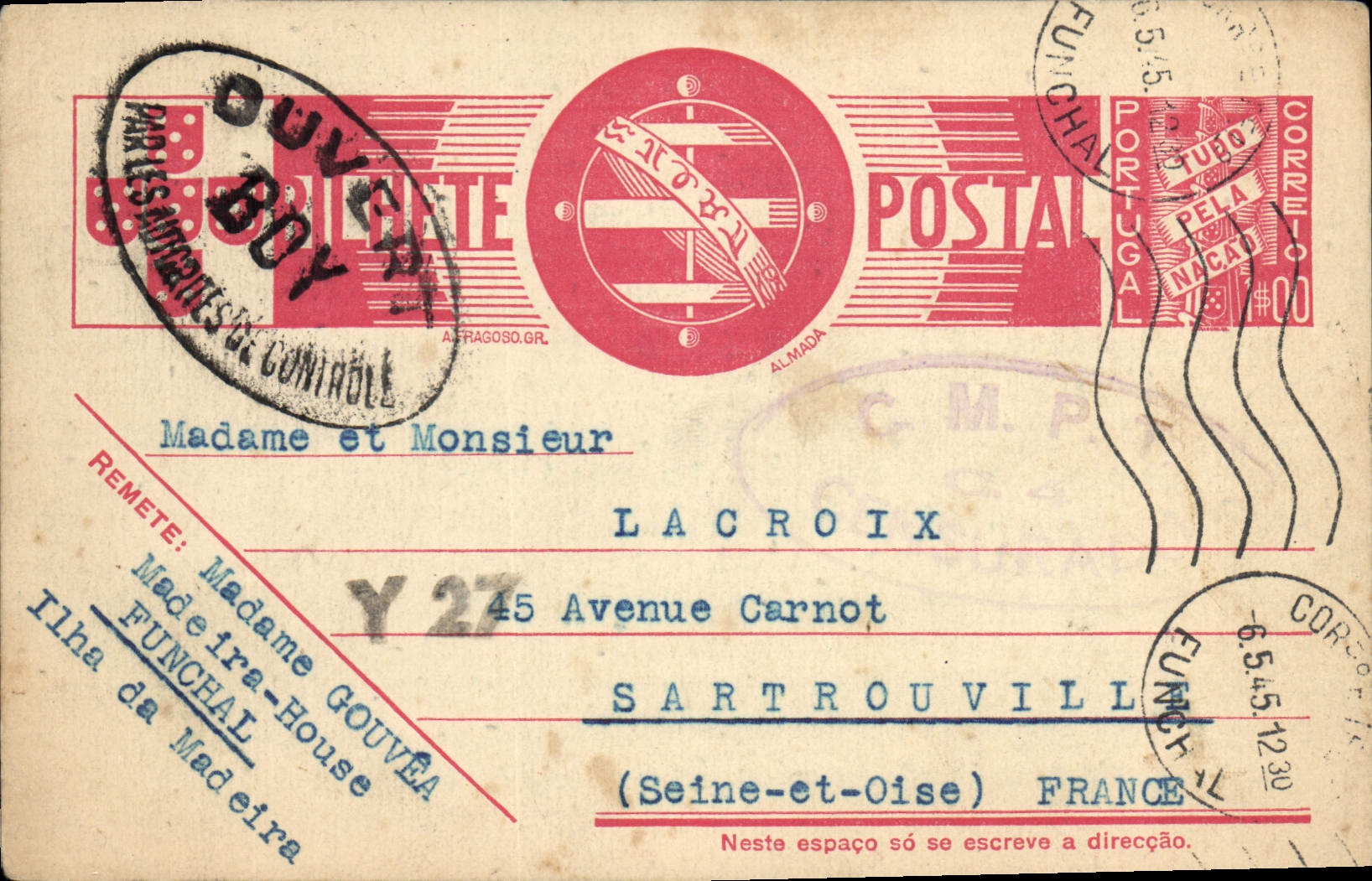 CPA Telegraphie Madeira pour Lacroix Sartrouviille 