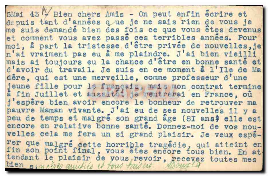 CPA Telegraphie Madeira pour Lacroix Sartrouviille  — Rückseite