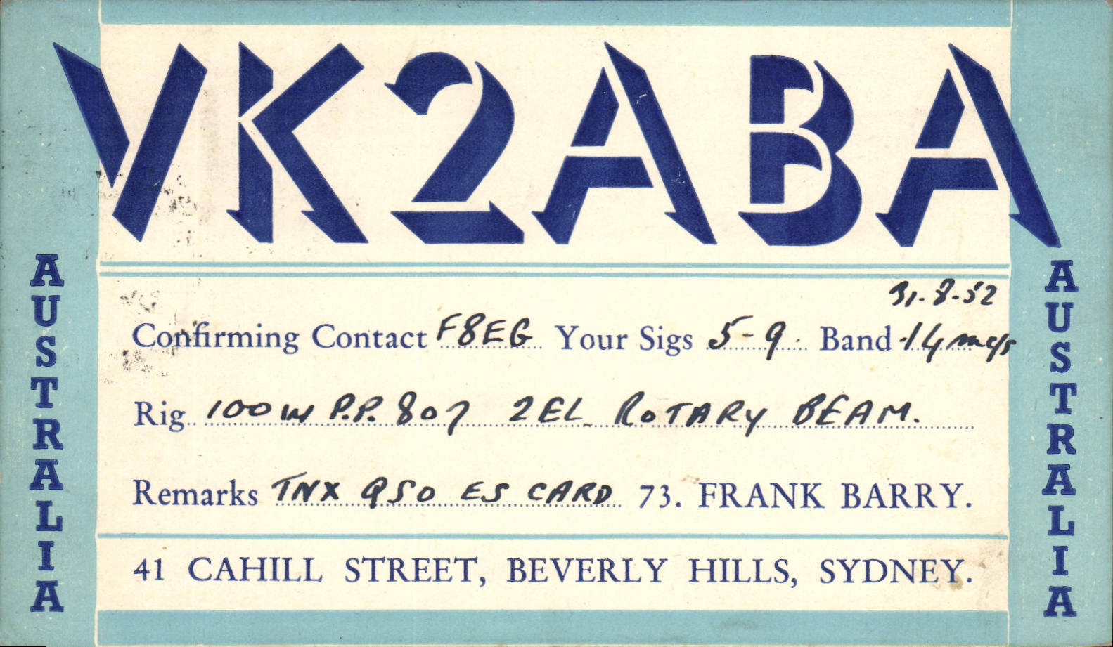 Contact radio VK2ABA — Australie — éditeur inconnu, n° de série non visible