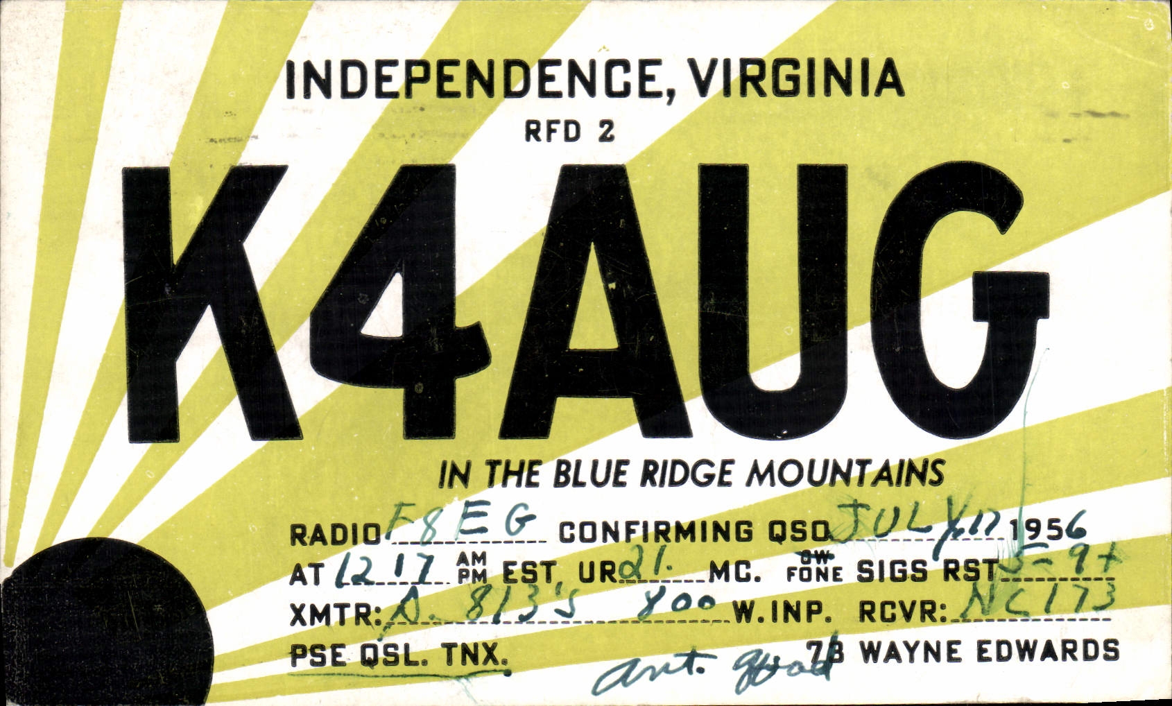Independence, Virginia — Radio F8EG confirmant QSO — éditeur non visible