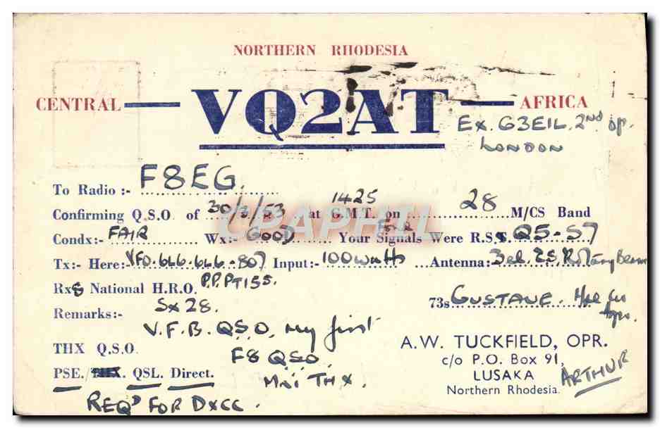 Northern Rhodesia — QSO radio amateur — VQ2AT