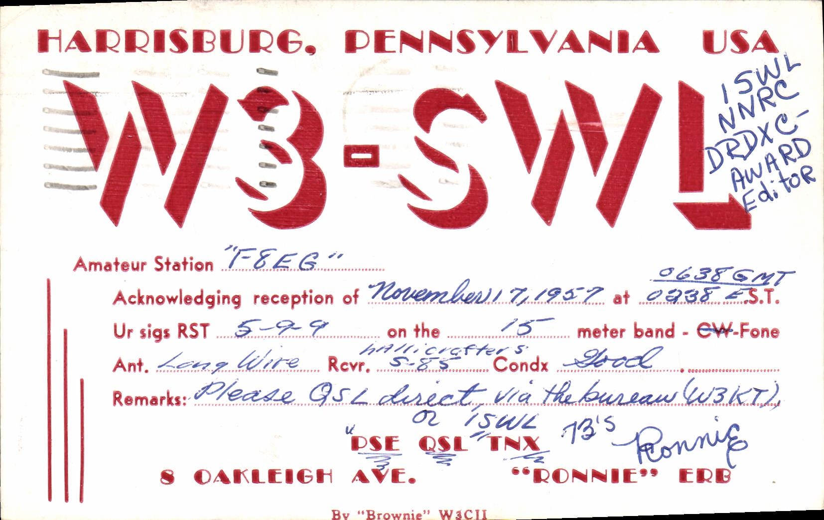 Harrisburg, Pennsylvanie — Station amateur W3-SWL — éditeur de l'award 15WRL NNRC