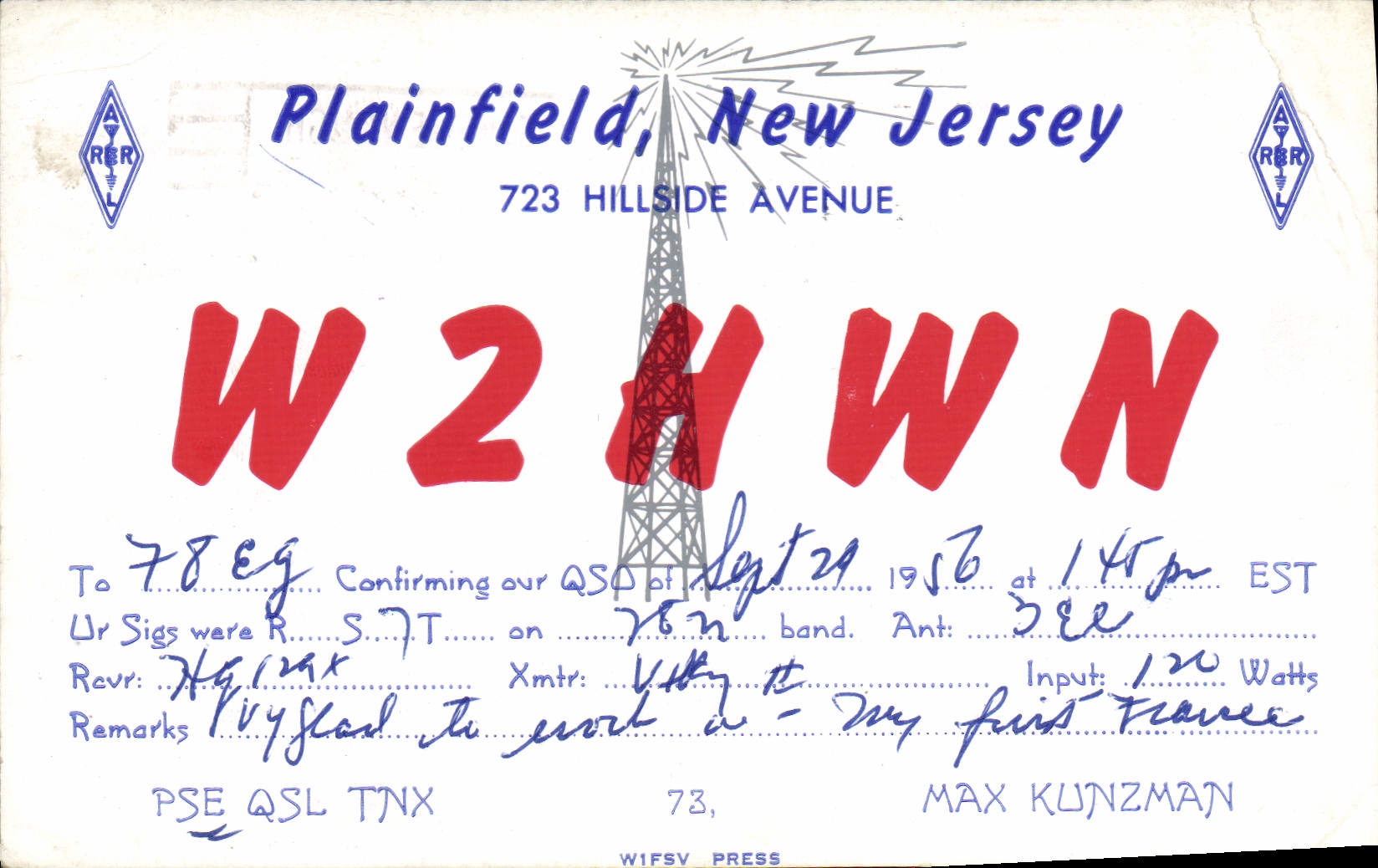 W2HWN — Antenne de radio amateur à Plainfield, New Jersey — RERL