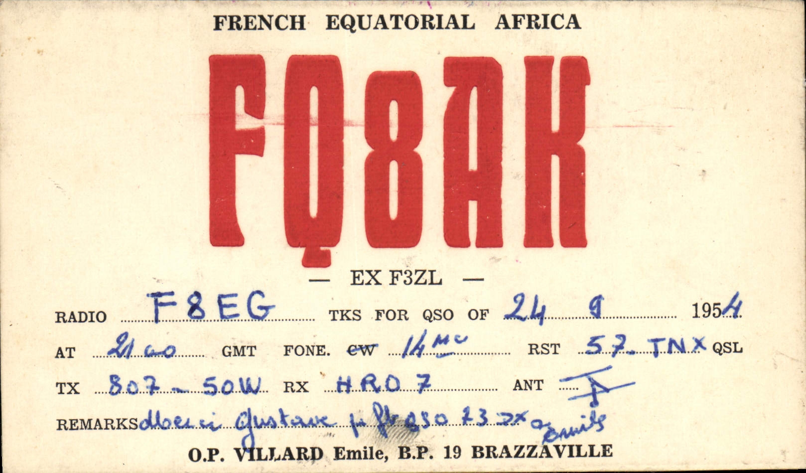 FQ8AK — Station radio amateur — O.P. VILLARD Emile, B.P. 19 Brazzaville