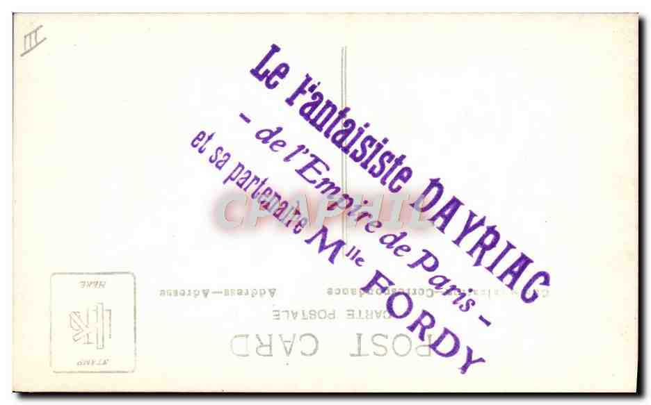 CPA Fantaisie Danse La fantastique Dayriac de l'Empire de Paris et sa partenaire Mlle Fordy — Rückseite