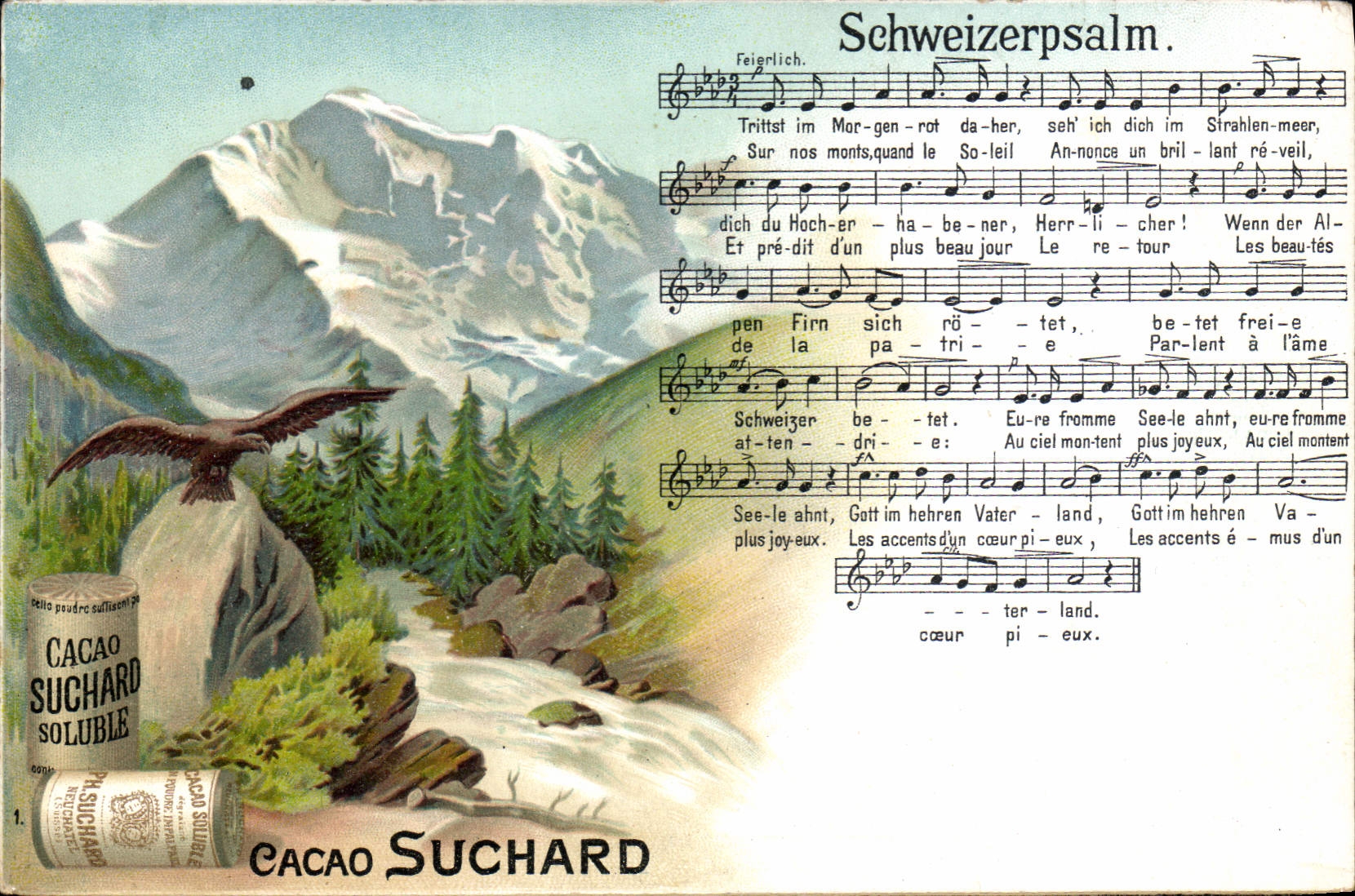 Montagnes suisses — paysage alpin avec aigle et cascade — publicité Cacao Suchard