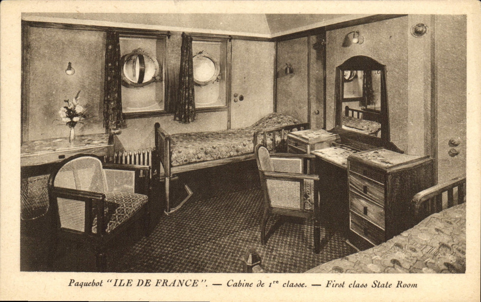 Cabine de 1re classe — Paquebot "ÎLE DE FRANCE" — Édition Spéciale de la Cie Gé Transatlantique (French Line)