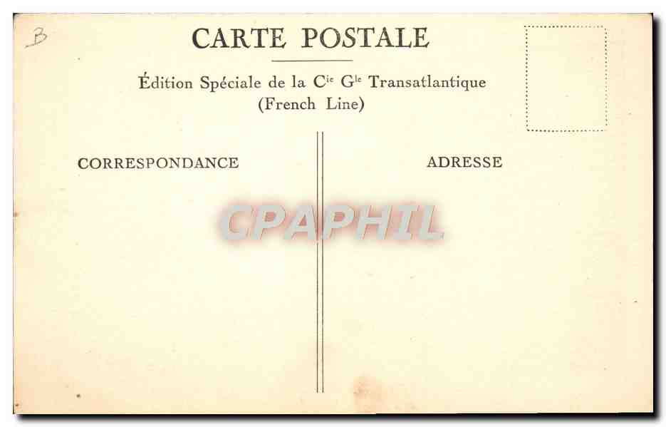 Cabine de 1re classe — Paquebot "ÎLE DE FRANCE" — Édition Spéciale de la Cie Gé Transatlantique (French Line) — Reverso