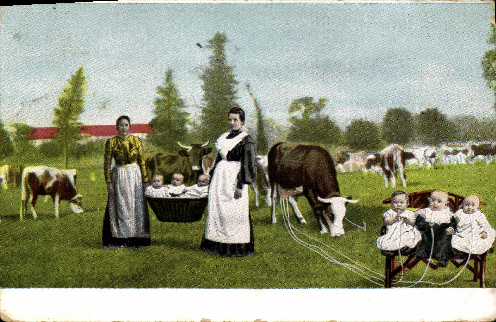 CPA Fantaisie Femme Enfants Vaches Bibetons 