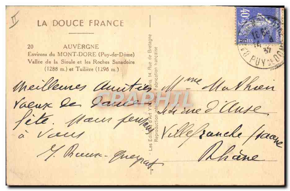 CPA Chevre Environs du Mont Dore Vallee de la Sioule et les Roches Sanadoire et Tuiliere  — Rückseite