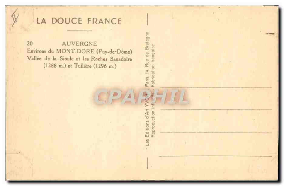 CPA Chevre Auvergne Environs du Mont Dore Vallee de la Sioule et les roches Sasnadoire et Tuiliere  — Rückseite