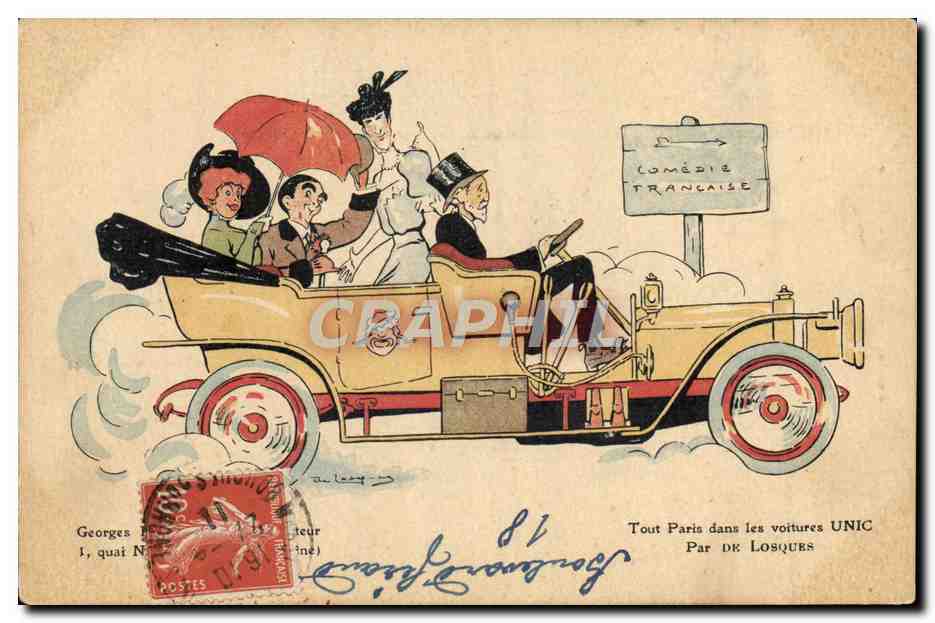CPA Fantaisie Illustrateur Automobile Voitures Unic par de Losques Comedie Francaise Georges Richard Quai National Put