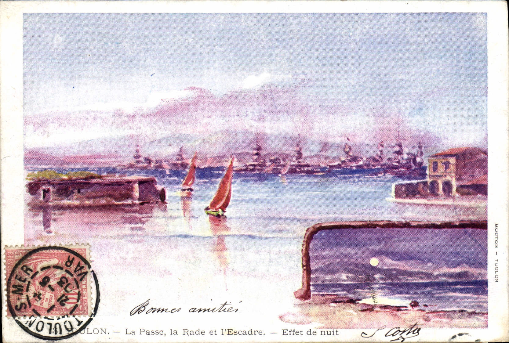 CPA Fantaisie Illustrateur Toulon La passe La rade et l'escadre Effet de nuit Bateaux