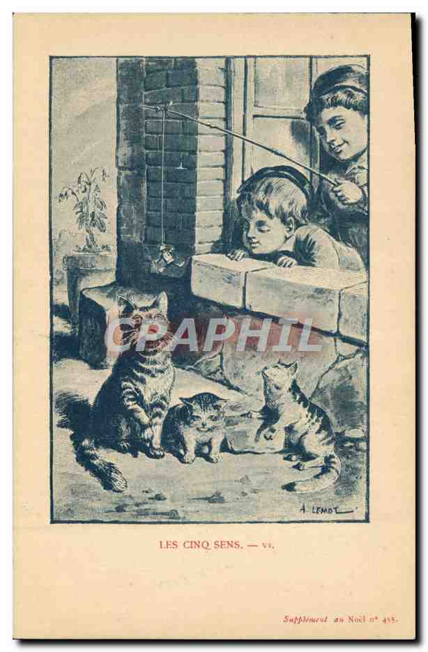 CPA Fantaisie Illustrateur Enfants Les cinq sens Chat chaton Peche