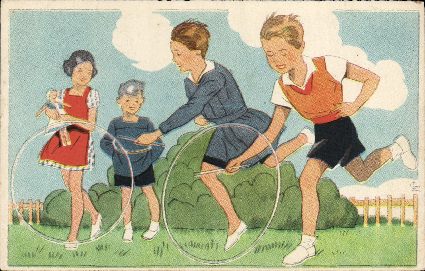 CPA Fantaisie Illustrateur Enfants jouant au cerceau