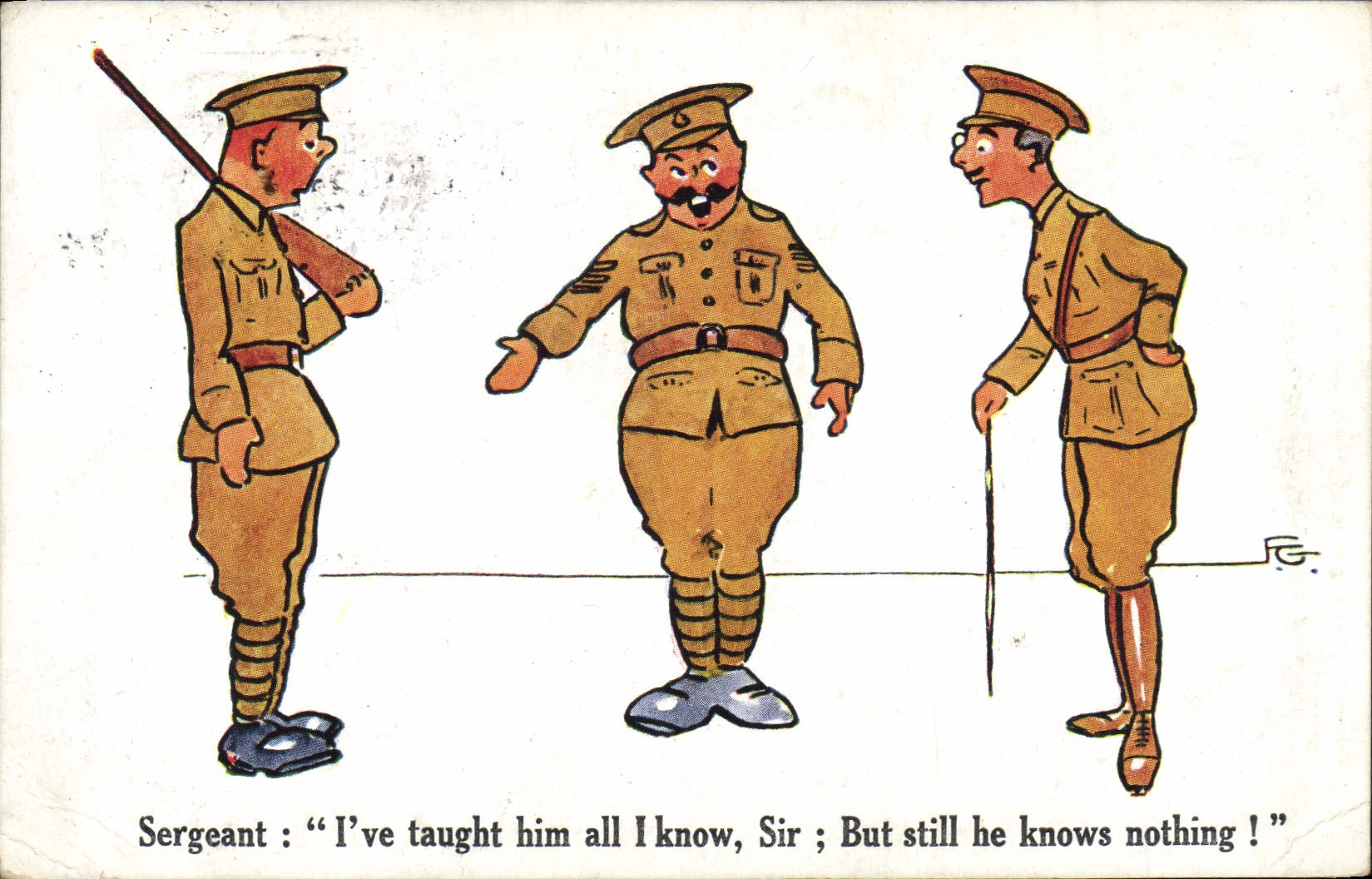 Trois soldats — caricature militaire — E. Mack, King Henry's Rd, Hampstead, Londres, n°984