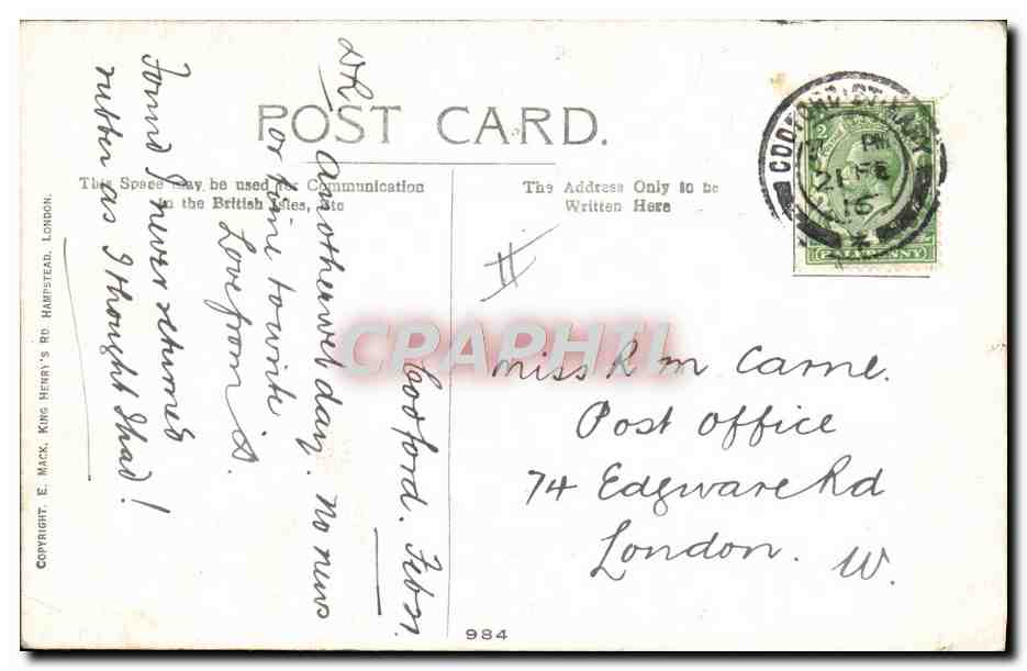 Trois soldats — caricature militaire — E. Mack, King Henry's Rd, Hampstead, Londres, n°984 — Verso