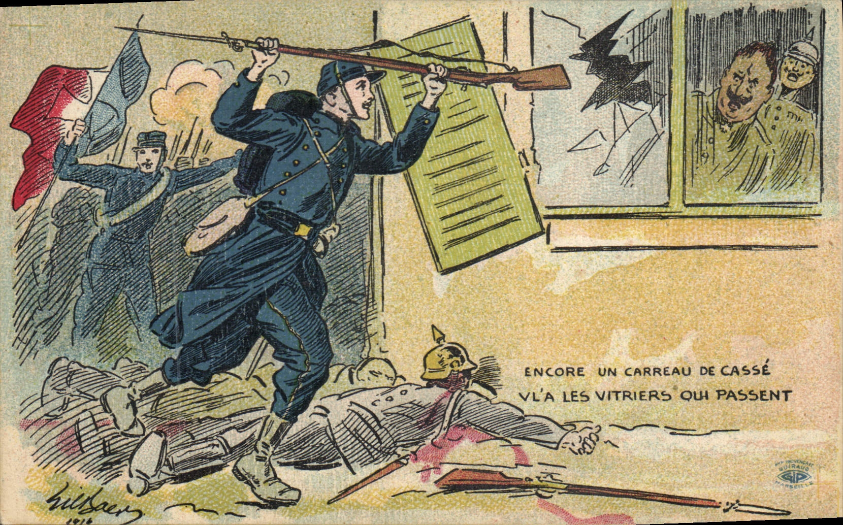 Soldats français en action — caricature de guerre — éditeur Guiffaud, Marseille