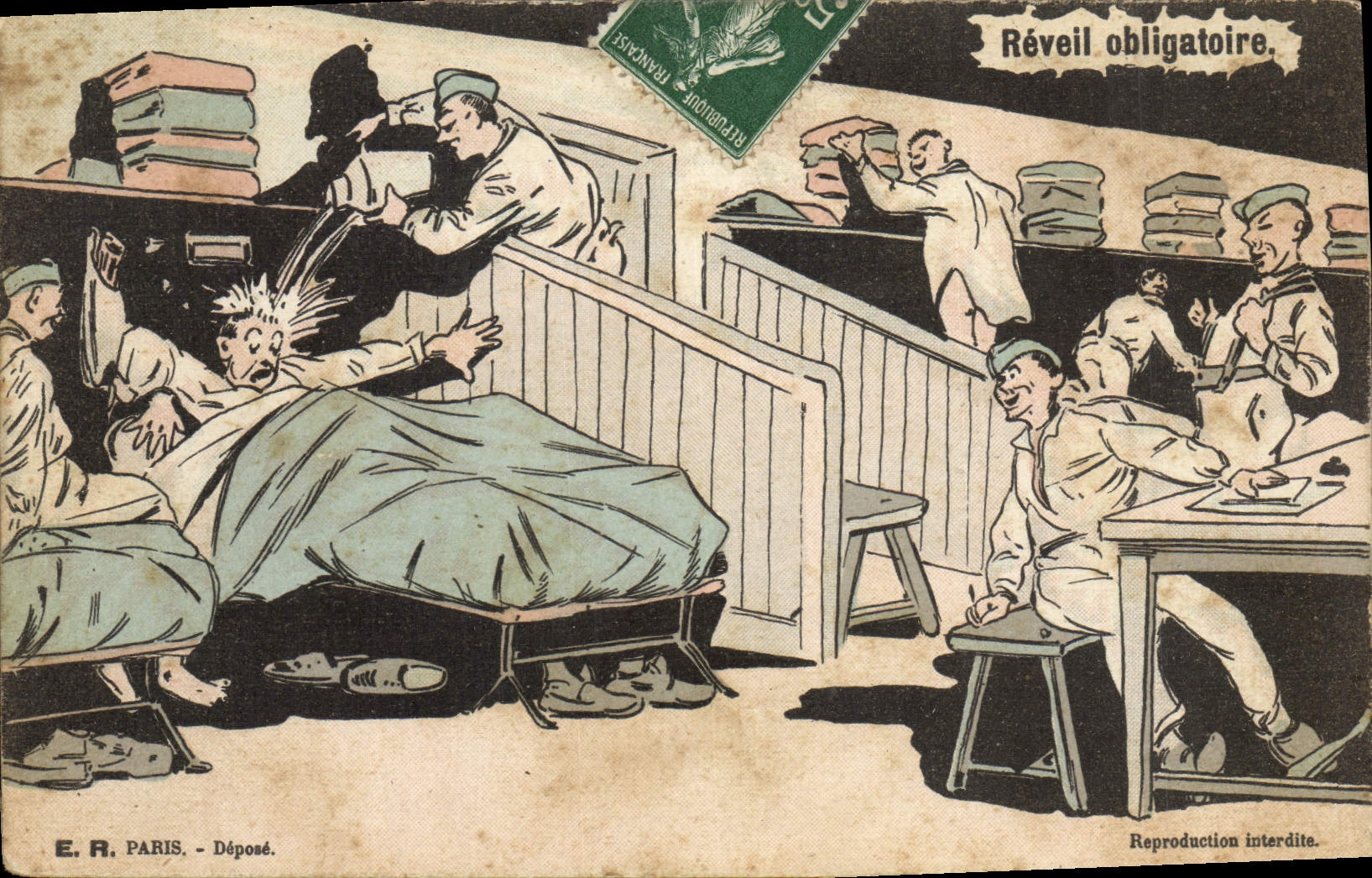 Réveil obligatoire — caricature militaire — E. R., Paris, Déposé.